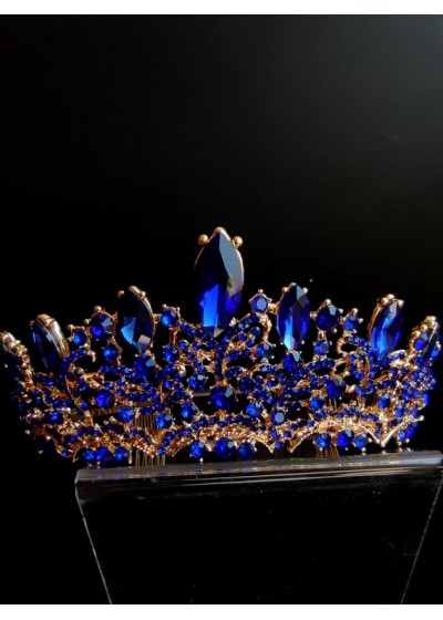 Официална тиара за коса с белгийски кристали в тъмно синьо и златно - Queen of Sapphires